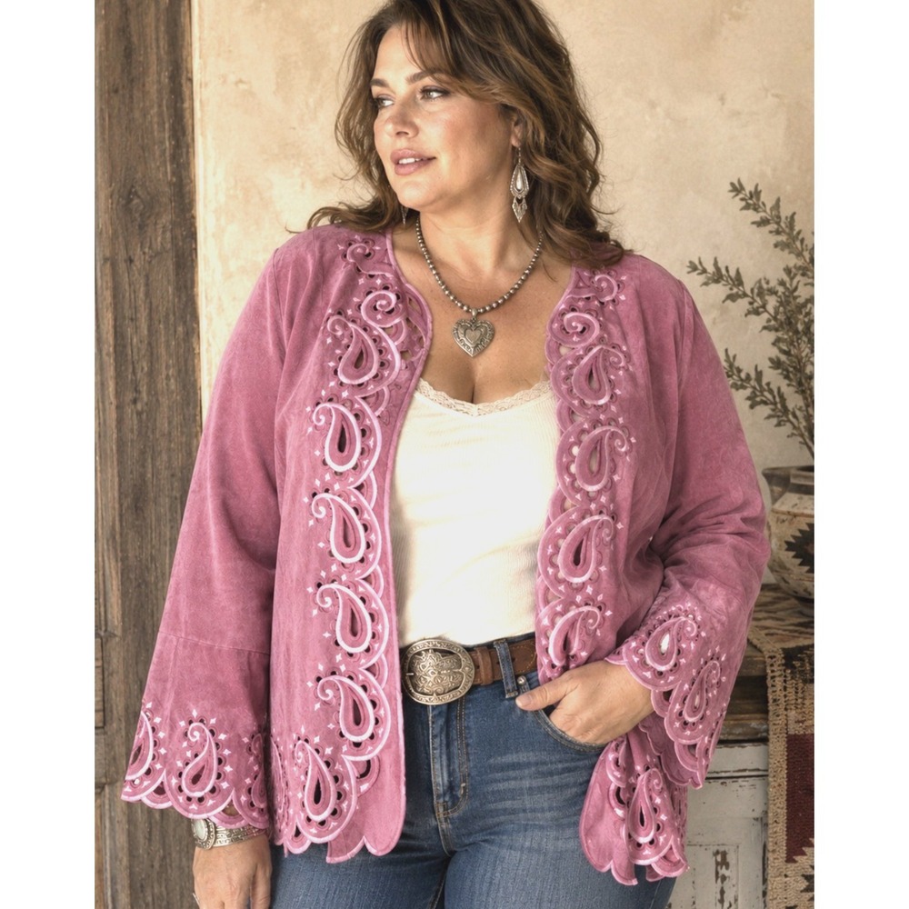 Bob Mackie Wearable Art Womens Leather Pink Western Embroidered Jacket Size 1X